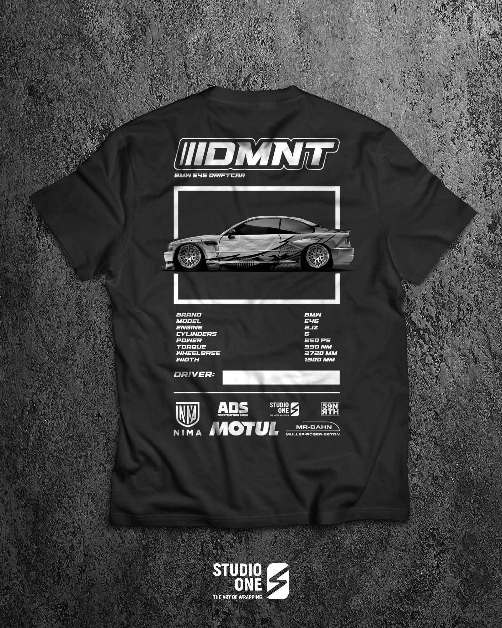 DMNT-Shirt mit Rückenmotiv und Sponsorenlogos – Printservice STUDIO ONE